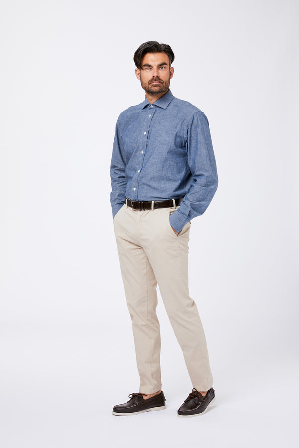 Camicia Celeste Cotone Chambray Unito Collo Francese
