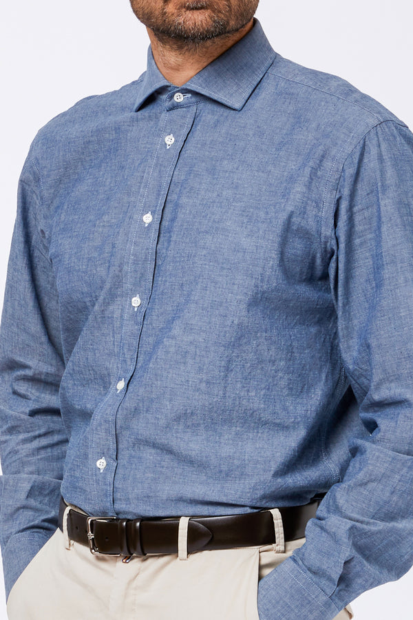 Camicia Celeste Cotone Chambray Unito Collo Francese