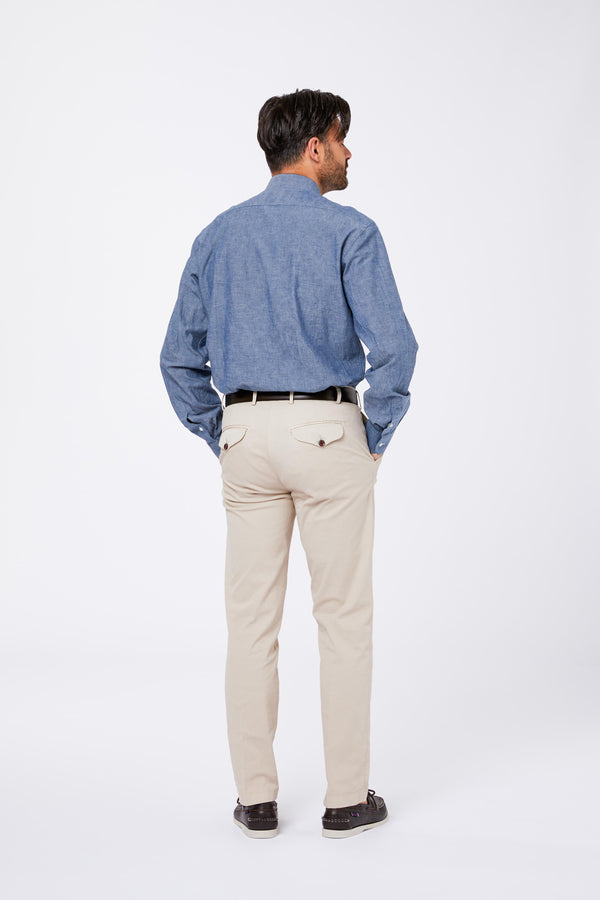 Camicia Celeste Cotone Chambray Unito Collo Francese PORTLAND 4540 Principe di Firenze 