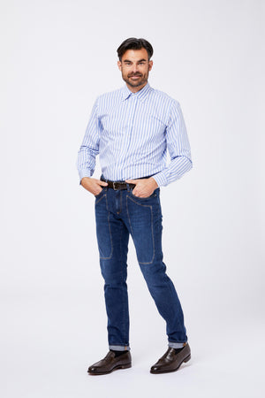 Camicia Celeste Cotone Riga Pari Larga Collo Button Down POLIGA B053 Principe di Firenze 