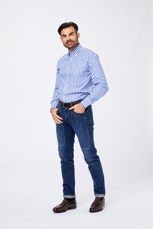 Camicia Celeste Cotone Riga Pari Larga Collo Button Down POLIGA B064 Principe di Firenze 