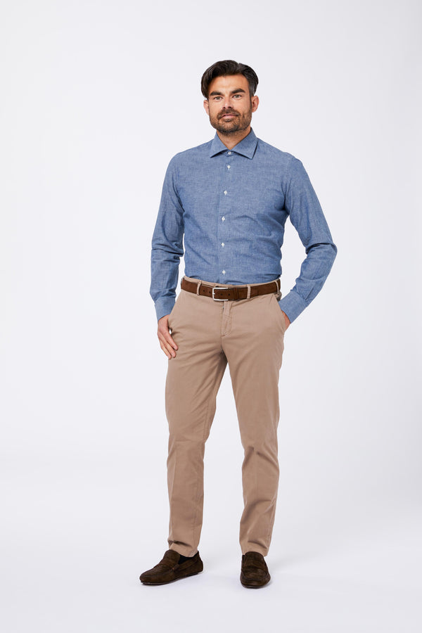 Camicia Celeste Cotone Chambray Unito Collo Mezzo Francese COBAI 4540 Principe di Firenze 