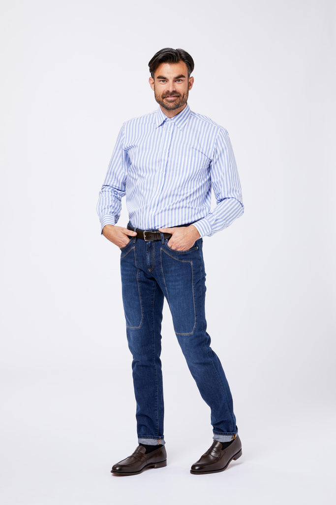 Camicia Celeste Cotone Riga Pari Larga Collo Button Down POLIGA B053 Principe di Firenze 