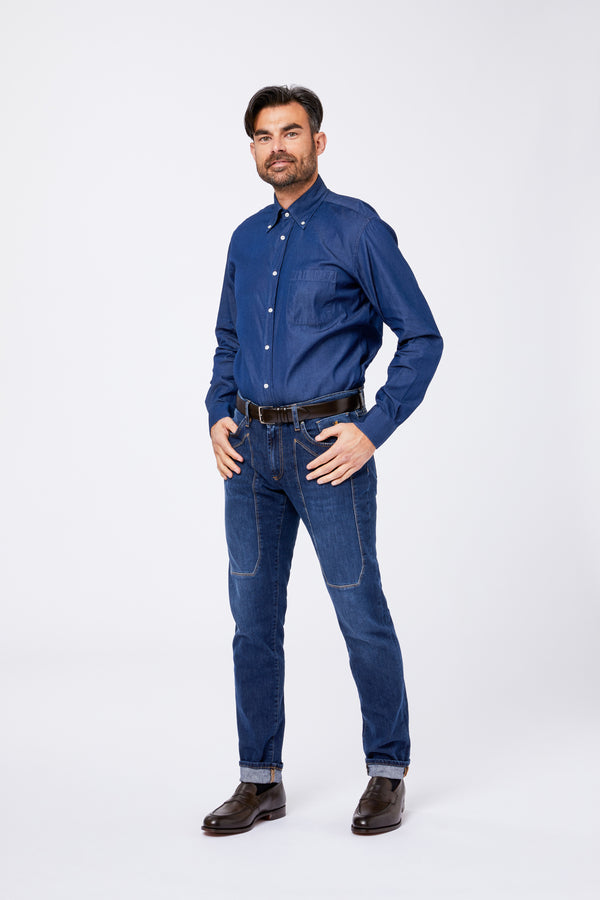 Light blue cotton denim shirt with button down collar