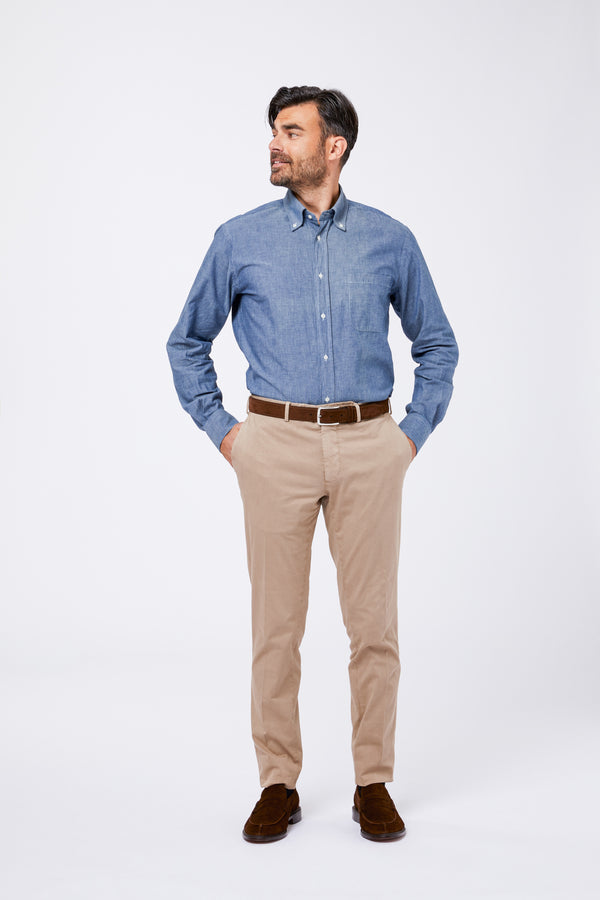 Light blue plain cotton chambray shirt with button down collar