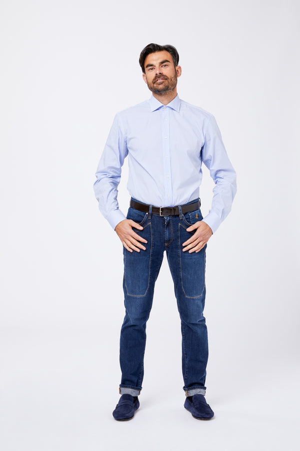 Light blue cotton poplin shirt with half spread collar