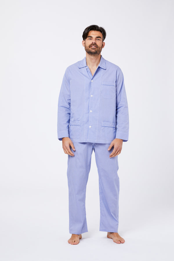 Pyjama en popeline de coton à carreaux bleu clair
