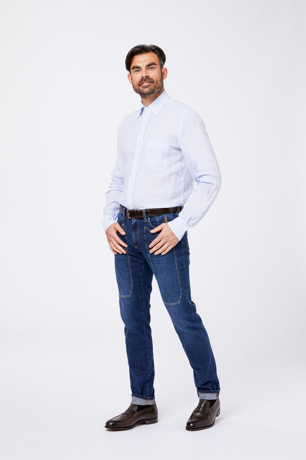 Camicia Celeste Lino Collo Button Down